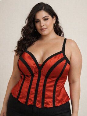 CACIQUE Red Satin Black Velour Bustier Corset Bra Top Size 22 / 24 Goth Vamp